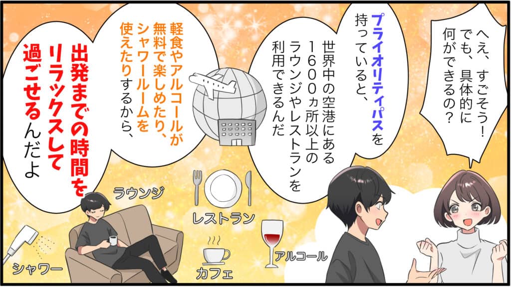 プライオリティパスでできることについて説明したオリジナル作成のマンガ画像