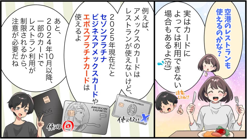 プライオリティパス付きクレジットカードの空港レストラン利用について説明したオリジナル作成のマンガ画像