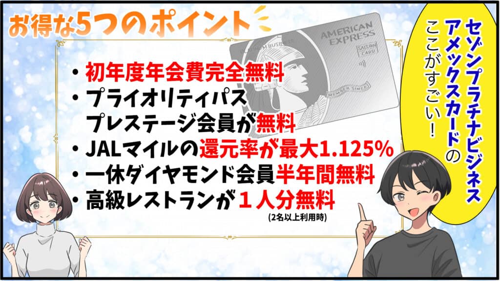 セゾンプラチナアメックスの特典について分かりやすく説明したオリジナルイラスト画像